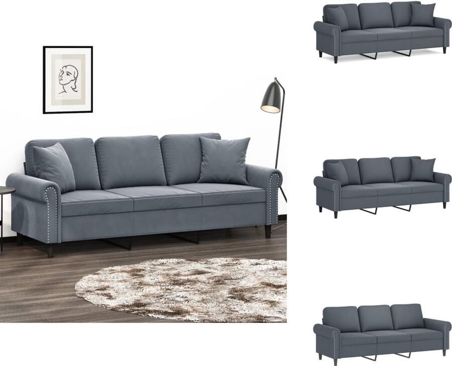 VidaXL Driezitsbank Driezitsbanken 3-zitsbank Bank Driezitsbank met sierkussens 180 cm fluweel donkergrijs