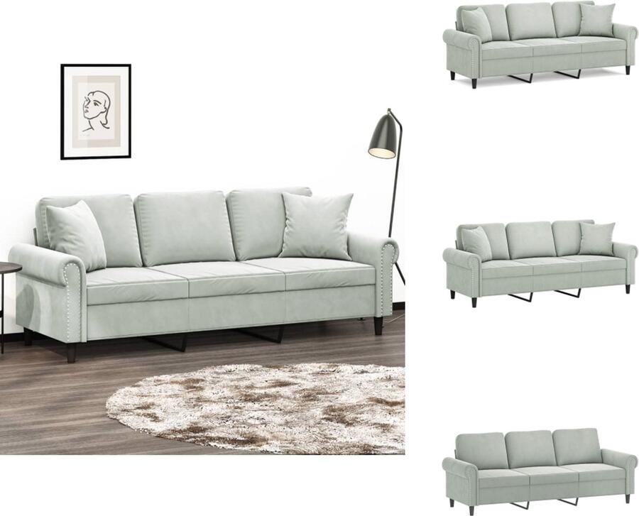 VidaXL Driezitsbank Driezitsbanken 3-zitsbank Bank Driezitsbank met sierkussens 180 cm fluweel lichtgrijs - Foto 2