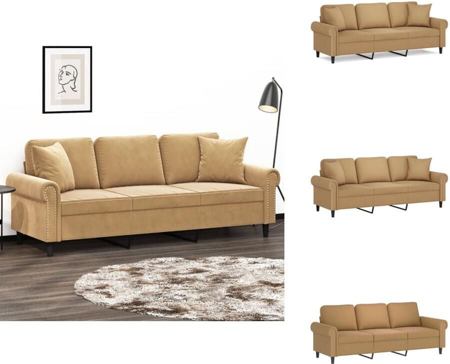 VidaXL Driezitsbank Driezitsbanken 3-zitsbank Bank Driezitsbank met sierkussens 180 cm fluweel bruin