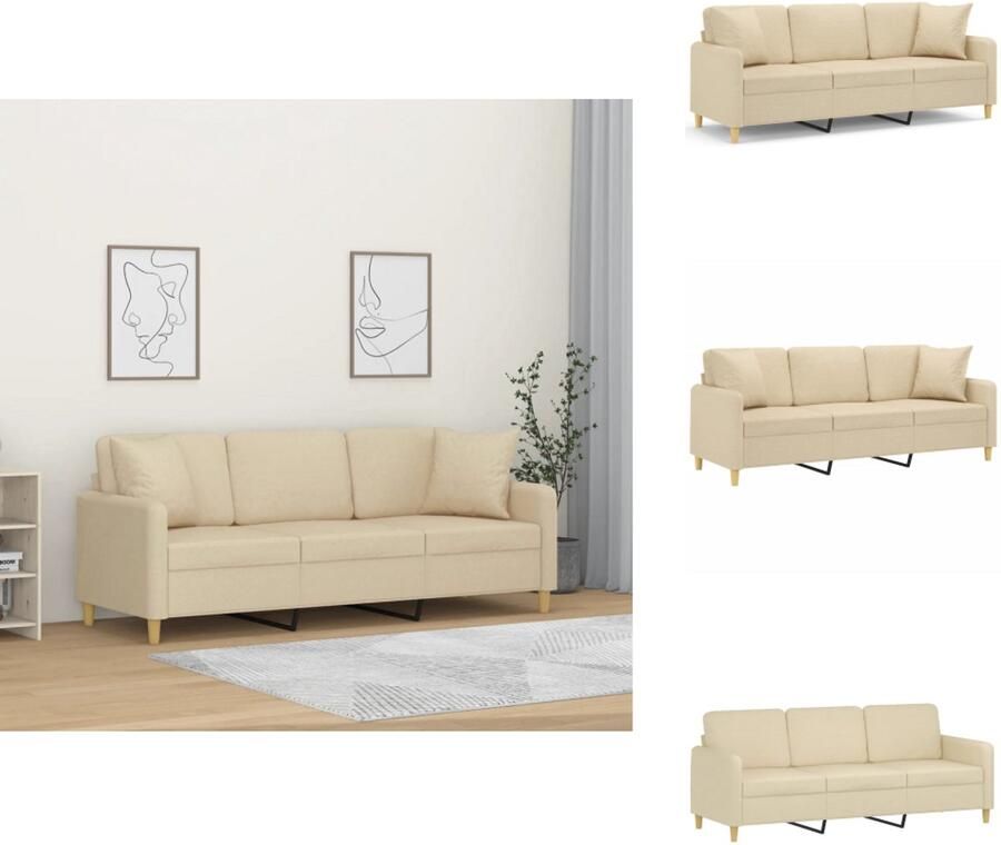 VidaXL Driezitsbank Driezitsbanken Bank Sofa Driezitsbank met sierkussens 180 cm stof crèmekleurig