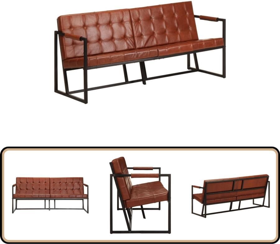 VidaXL Driezitsbank Echt Geitenleer Bruin Vintage Bank Lederen Bank Bruine Bank 3 Zits Bank Salontafel