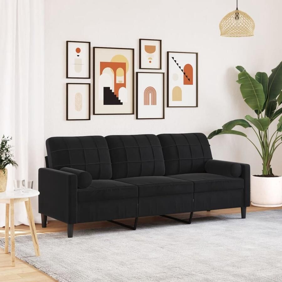 VidaXL Driezitsbank Fluweel Zwart Inclusief Kussens Drie Zits Bank Velours Bank Zwarte Bank Moderne Bank Salontafel