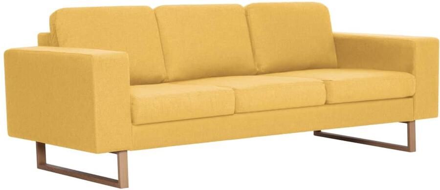 VidaXL Driezitsbank Geel Houten frame en ijzeren poten Drie Gezitsbank Stoffen Bank Gele Bank Banks Kopen Lounge Meubels Woonkamer Meubelen Salonmeubilair