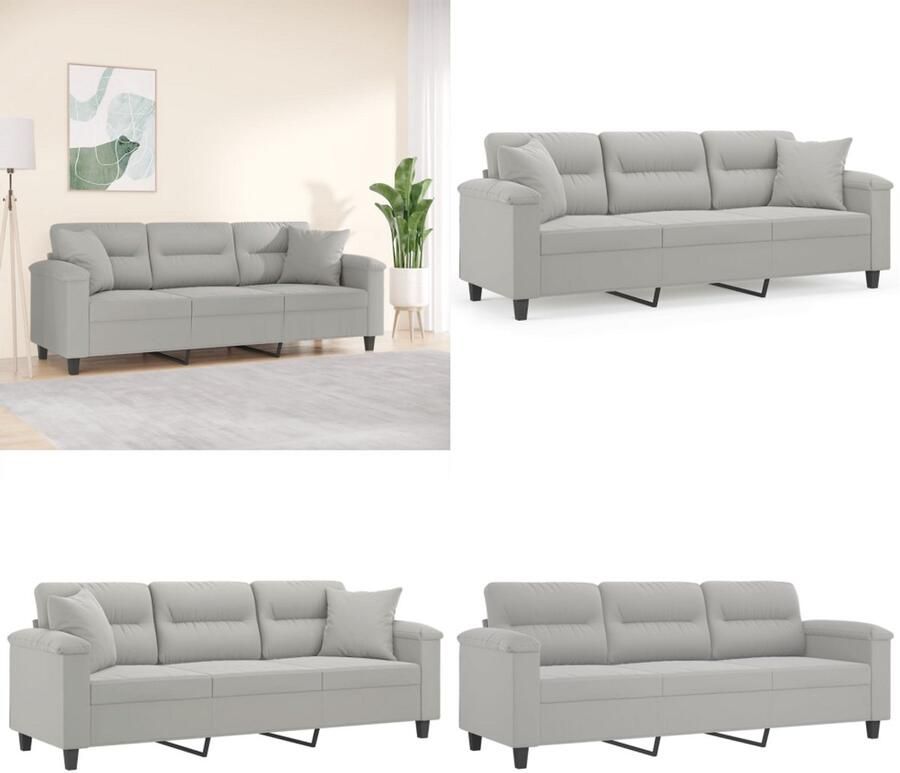 VidaXL Driezitsbank met kussens 180 cm microvezelstof lichtgrijs Driezitsbank Driezitsbanken 3-zitsbank Bank