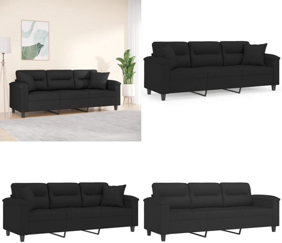 VidaXL Driezitsbank met kussens 180 cm microvezelstof zwart Driezitsbank Driezitsbanken 3-zitsbank Bank