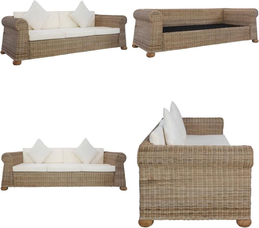VidaXL Driezitsbank met kussens natuurlijk rattan Bank Banken Driezitsbank Driezitsbanken