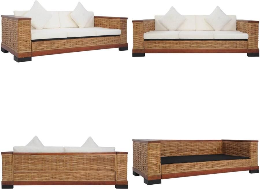 VidaXL Driezitsbank met kussens natuurlijk rattan bruin Bank Banken Driezitsbank Driezitsbanken