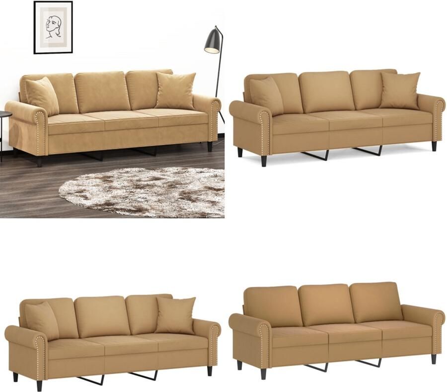 VidaXL Driezitsbank met sierkussens 180 cm fluweel bruin Driezitsbank Driezitsbanken 3-zitsbank Bank
