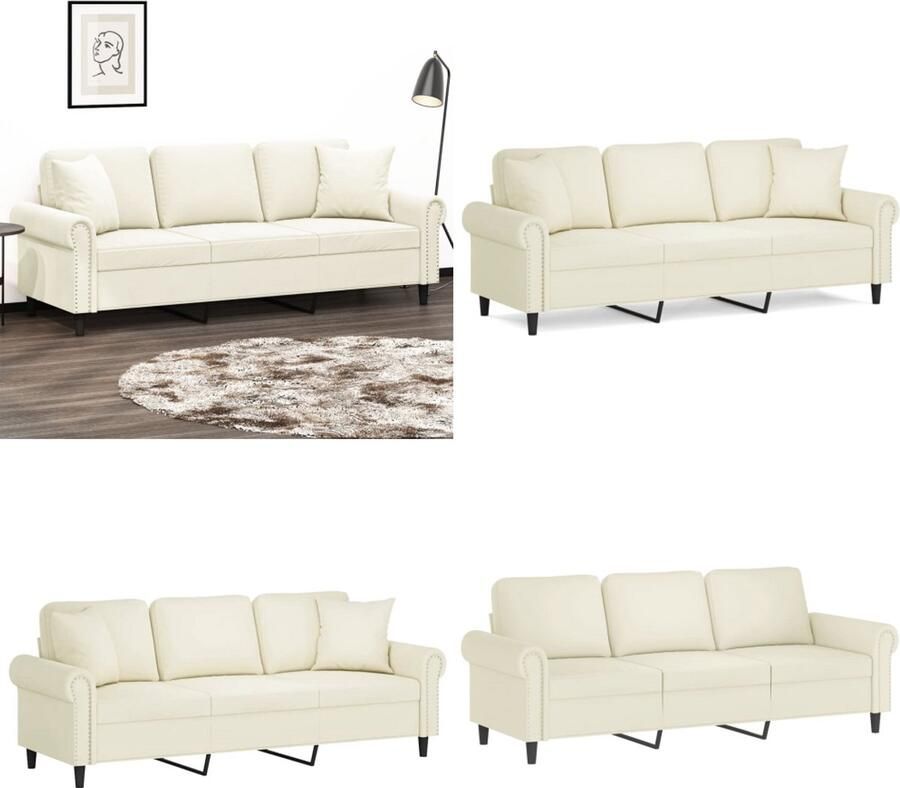VidaXL Driezitsbank met sierkussens 180 cm fluweel crèmekleurig Driezitsbank Driezitsbanken 3-zitsbank Bank