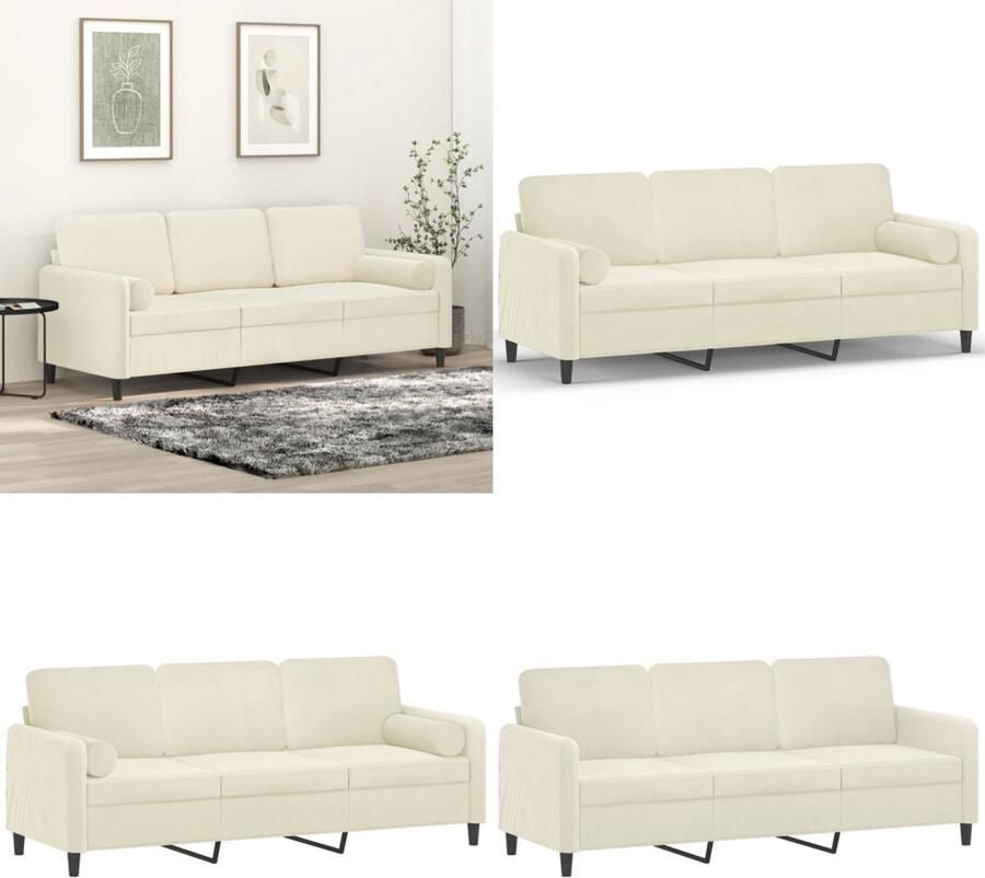 VidaXL Driezitsbank met sierkussens 180 cm fluweel crèmekleurig Driezitsbank Driezitsbanken 3-zitsbank Bank