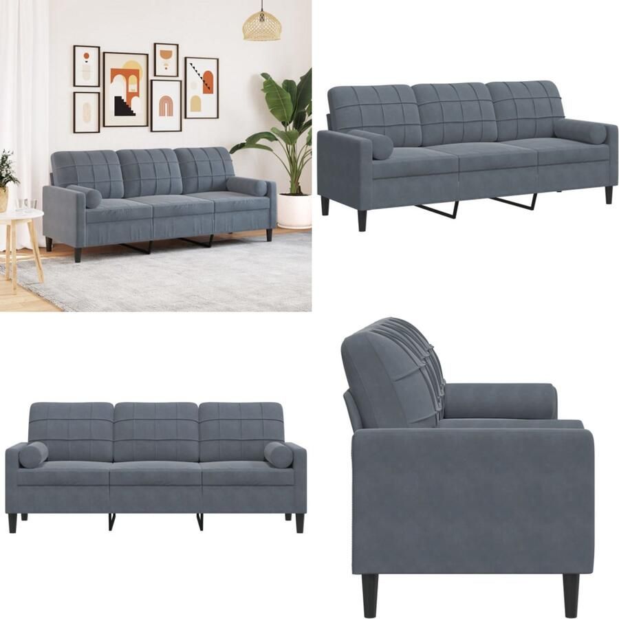 VidaXL Driezitsbank met sierkussens 180 cm fluweel donkergrijs 3-zitsbank 3-zitsbanken Bank 3zitsbank