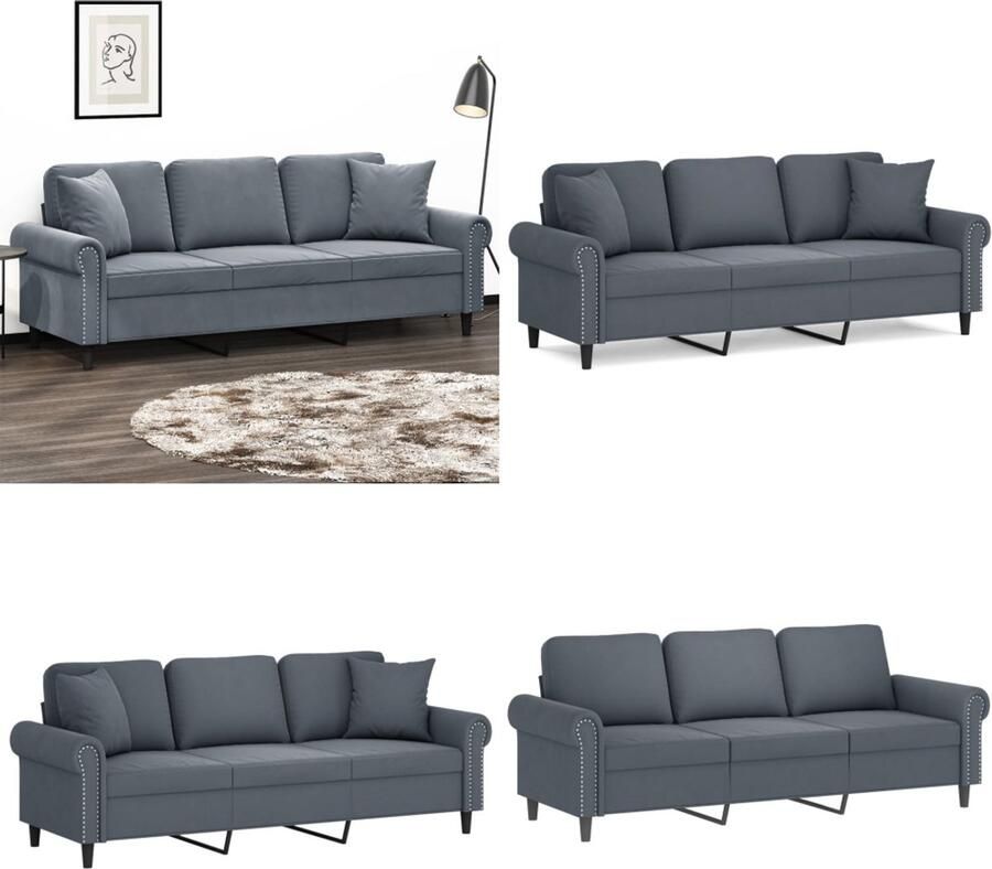 VidaXL Driezitsbank met sierkussens 180 cm fluweel donkergrijs Driezitsbank Driezitsbanken 3-zitsbank Bank