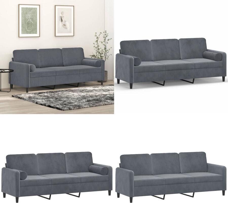 VidaXL Driezitsbank met sierkussens 180 cm fluweel donkergrijs Driezitsbank Driezitsbanken 3-zitsbank Bank