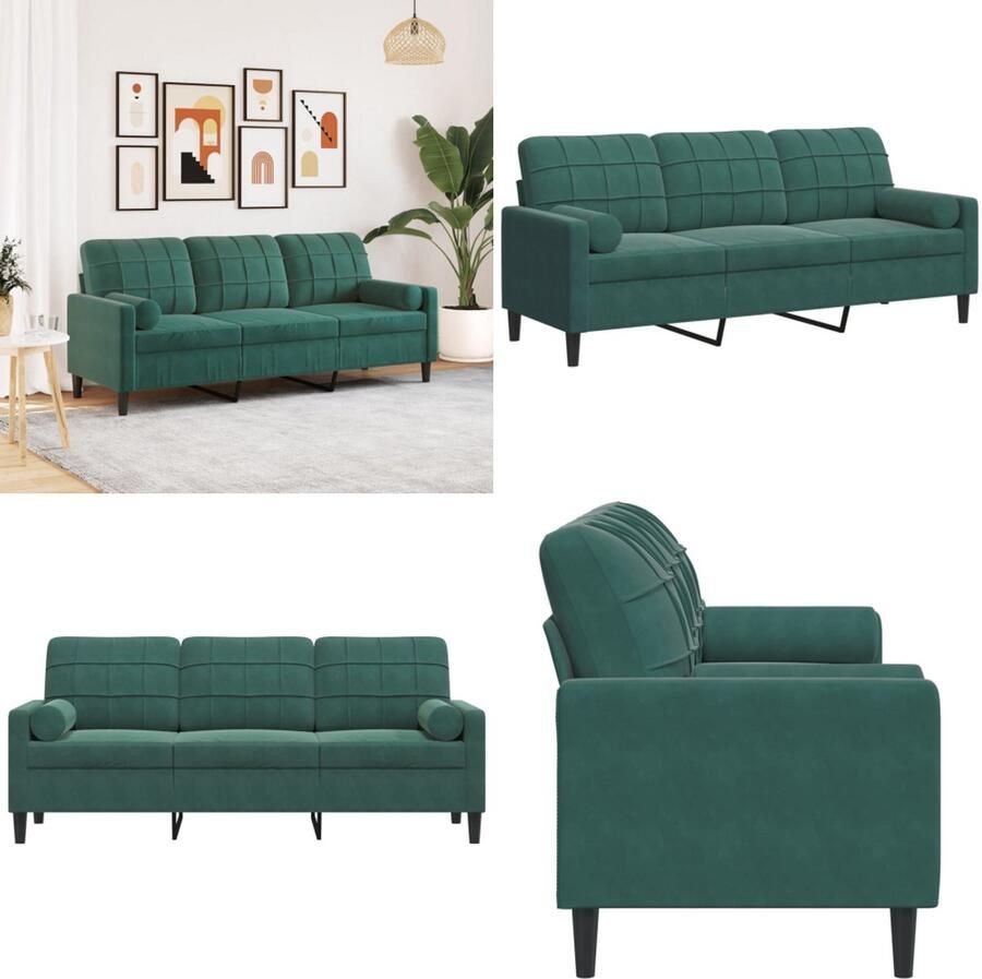 VidaXL Driezitsbank met sierkussens 180 cm fluweel donkergroen 3-zitsbank 3-zitsbanken Bank 3zitsbank