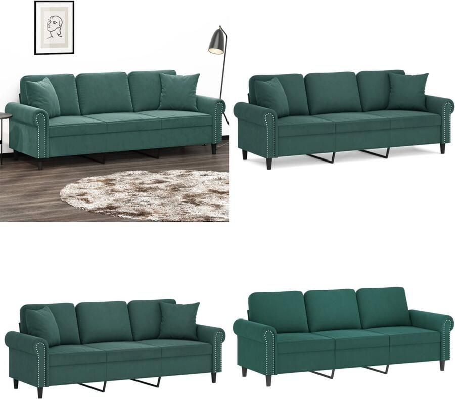 VidaXL Driezitsbank met sierkussens 180 cm fluweel donkergroen Driezitsbank Driezitsbanken 3-zitsbank Bank