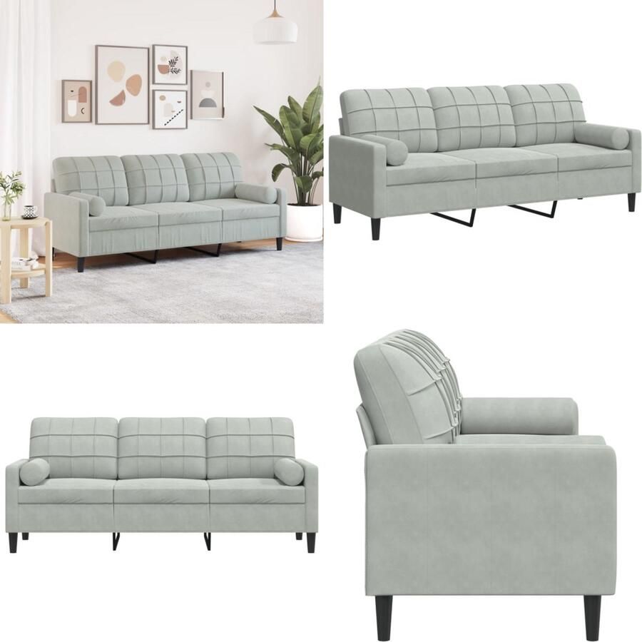 VidaXL Driezitsbank met sierkussens 180 cm fluweel lichtgrijs 3-zitsbank 3-zitsbanken Bank 3zitsbank