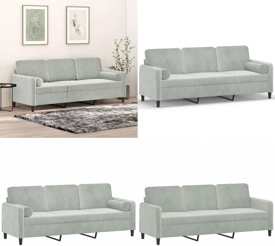 VidaXL Driezitsbank met sierkussens 180 cm fluweel lichtgrijs Driezitsbank Driezitsbanken 3-zitsbank Bank