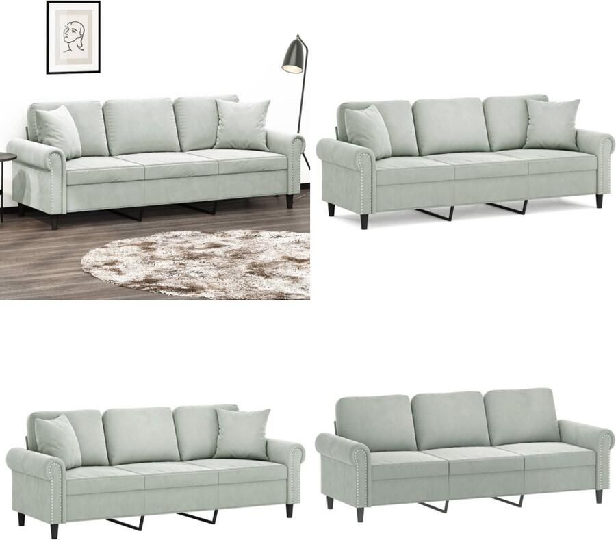 VidaXL Driezitsbank met sierkussens 180 cm fluweel lichtgrijs Driezitsbank Driezitsbanken 3-zitsbank Bank - Foto 2