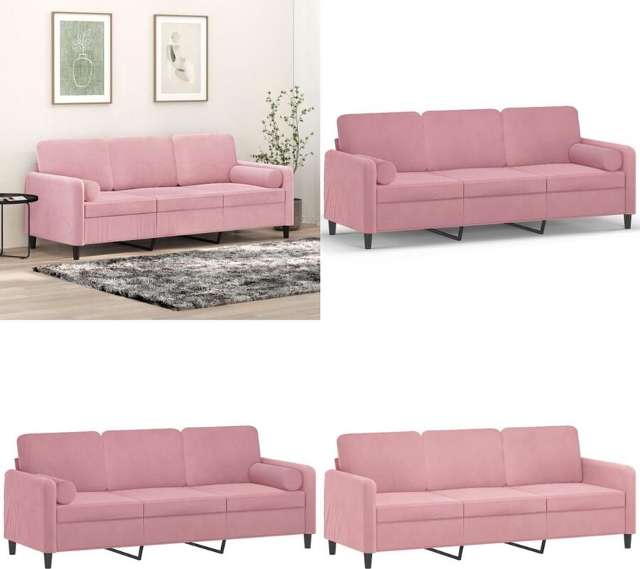 VidaXL Driezitsbank met sierkussens 180 cm fluweel roze Driezitsbank Driezitsbanken 3-zitsbank Bank