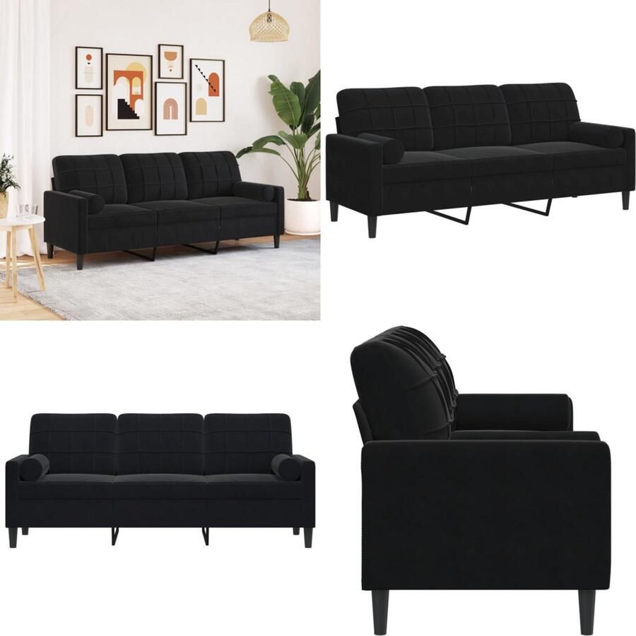 VidaXL Driezitsbank met sierkussens 180 cm fluweel zwart 3-zitsbank 3-zitsbanken Bank 3zitsbank