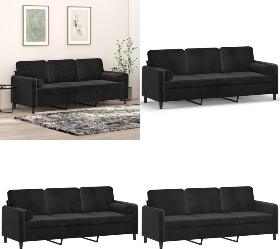 VidaXL Driezitsbank met sierkussens 180 cm fluweel zwart Driezitsbank Driezitsbanken 3-zitsbank Bank