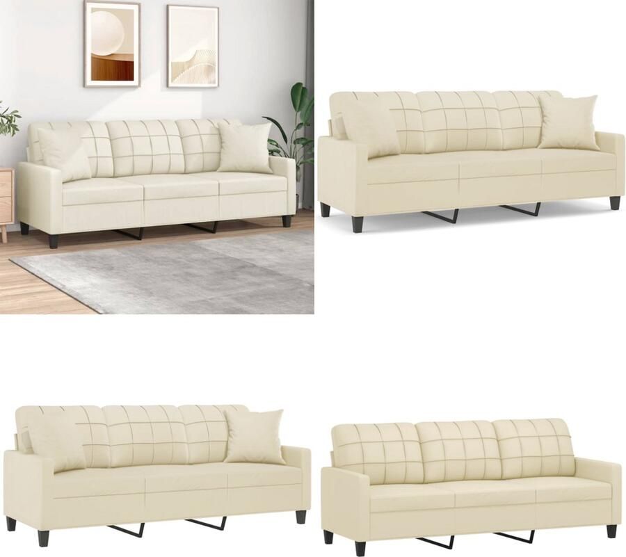 VidaXL Driezitsbank met sierkussens 180 cm kunstleer crèmekleurig 3-zitsbank 3-zitsbanken Driezitsbank Bank