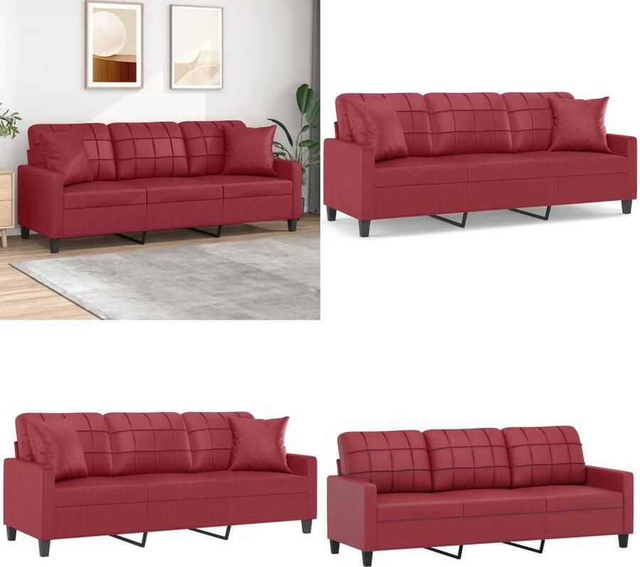 VidaXL Driezitsbank met sierkussens 180 cm kunstleer wijnrood 3-zitsbank 3-zitsbanken Driezitsbank Bank