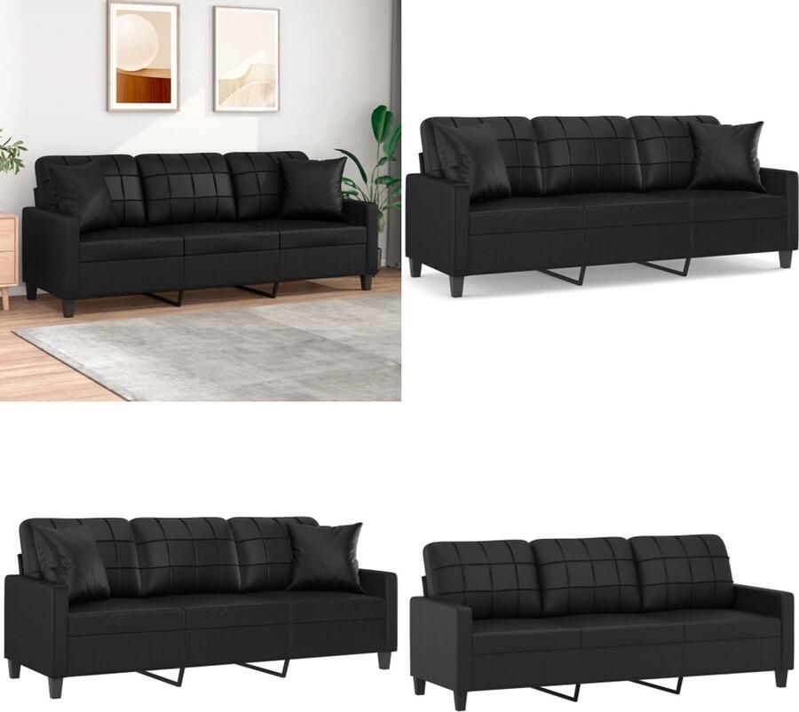 VidaXL Driezitsbank met sierkussens 180 cm kunstleer zwart 3-zitsbank 3-zitsbanken Driezitsbank Bank
