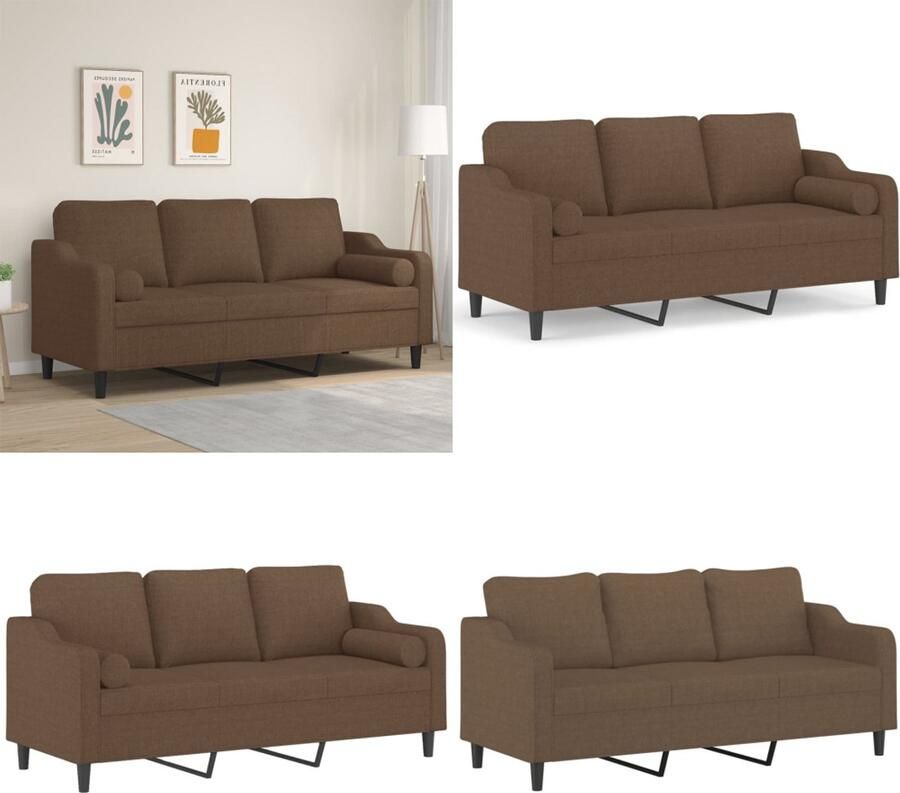 VidaXL Driezitsbank met sierkussens 180 cm stof bruin Driezitsbank Driezitsbanken 3-zitsbank Bank