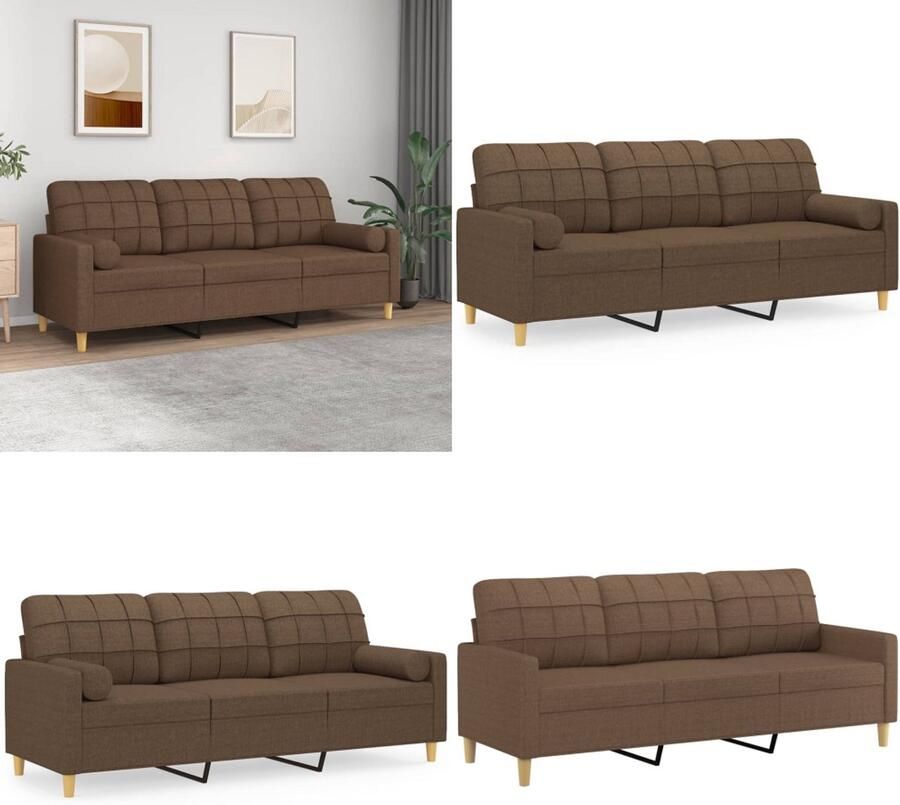 VidaXL Driezitsbank met sierkussens 180 cm stof bruin Driezitsbank Driezitsbanken 3-zitsbank Bank