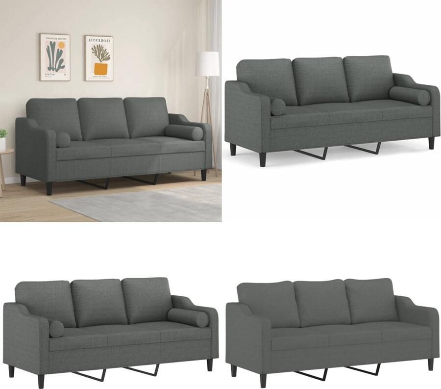 VidaXL Driezitsbank met sierkussens 180 cm stof donkergrijs Driezitsbank Driezitsbanken 3-zitsbank Bank
