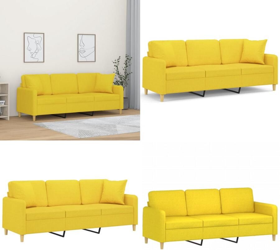 VidaXL Driezitsbank met sierkussens 180 cm stof lichtgeel Driezitsbank Driezitsbanken Bank Sofa