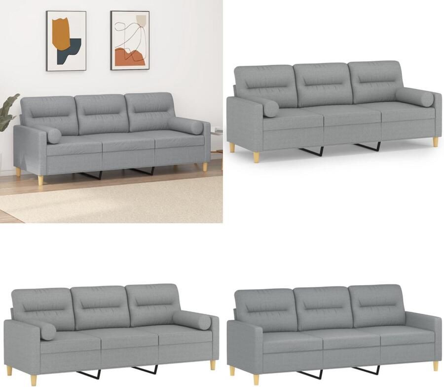 VidaXL Driezitsbank met sierkussens 180 cm stof lichtgrijs Driezitsbank Driezitsbanken 3-zitsbank Bank