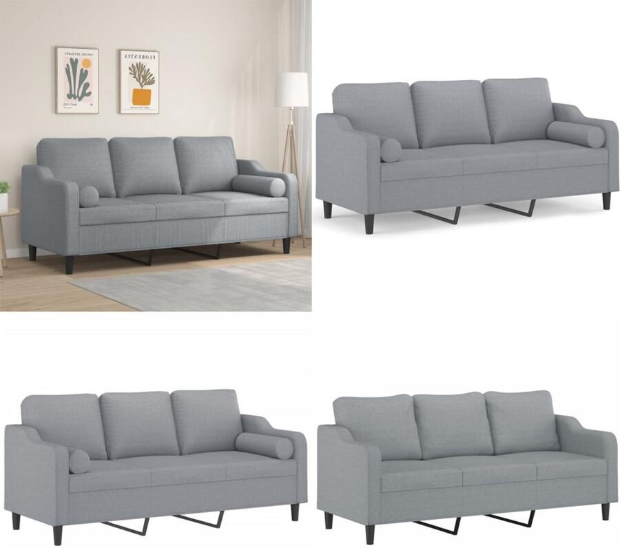 VidaXL Driezitsbank met sierkussens 180 cm stof lichtgrijs Driezitsbank Driezitsbanken 3-zitsbank Bank