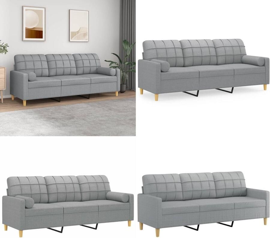 VidaXL Driezitsbank met sierkussens 180 cm stof lichtgrijs Driezitsbank Driezitsbanken 3-zitsbank Bank