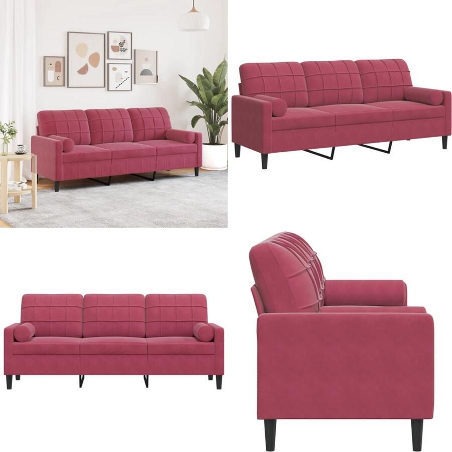 VidaXL Driezitsbank met sierkussens 180 cm stof wijnrood 3-zitsbank 3-zitsbanken Bank 3zitsbank