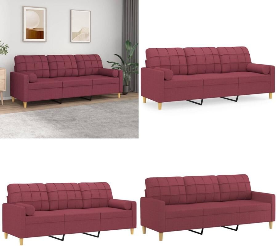 VidaXL Driezitsbank met sierkussens 180 cm stof wijnrood Driezitsbank Driezitsbanken 3-zitsbank Bank