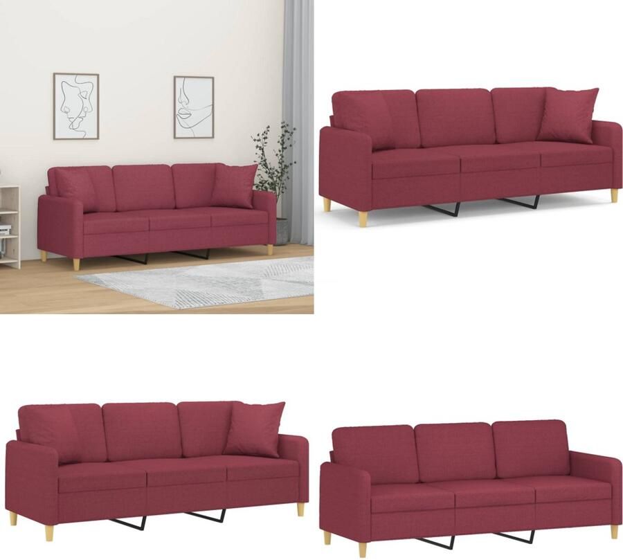 VidaXL Driezitsbank met sierkussens 180 cm stof wijnrood Driezitsbank Driezitsbanken Bank Sofa