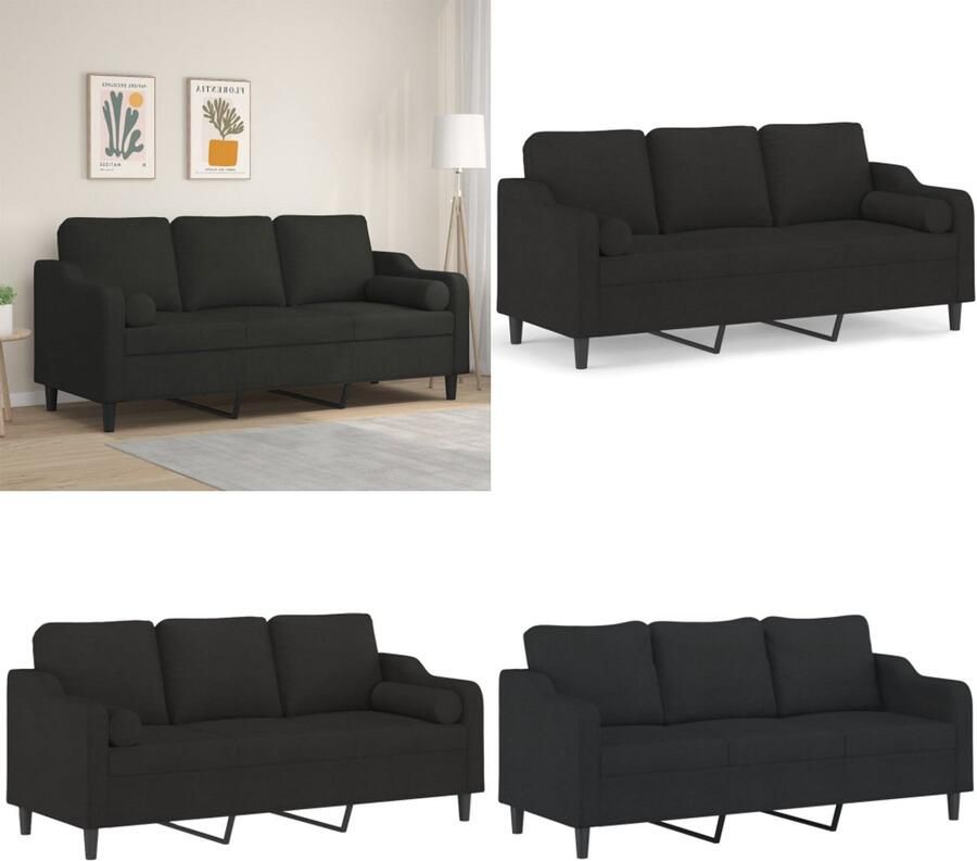 VidaXL Driezitsbank met sierkussens 180 cm stof zwart Driezitsbank Driezitsbanken 3-zitsbank Bank