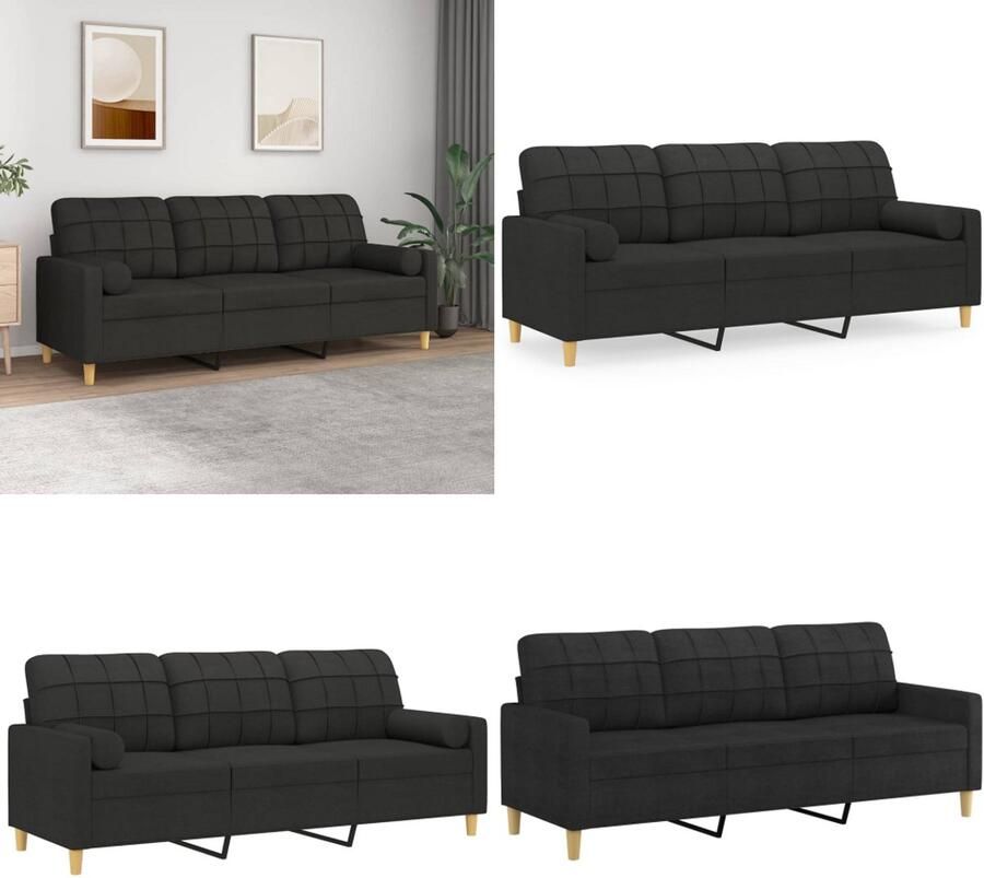 VidaXL Driezitsbank met sierkussens 180 cm stof zwart Driezitsbank Driezitsbanken 3-zitsbank Bank
