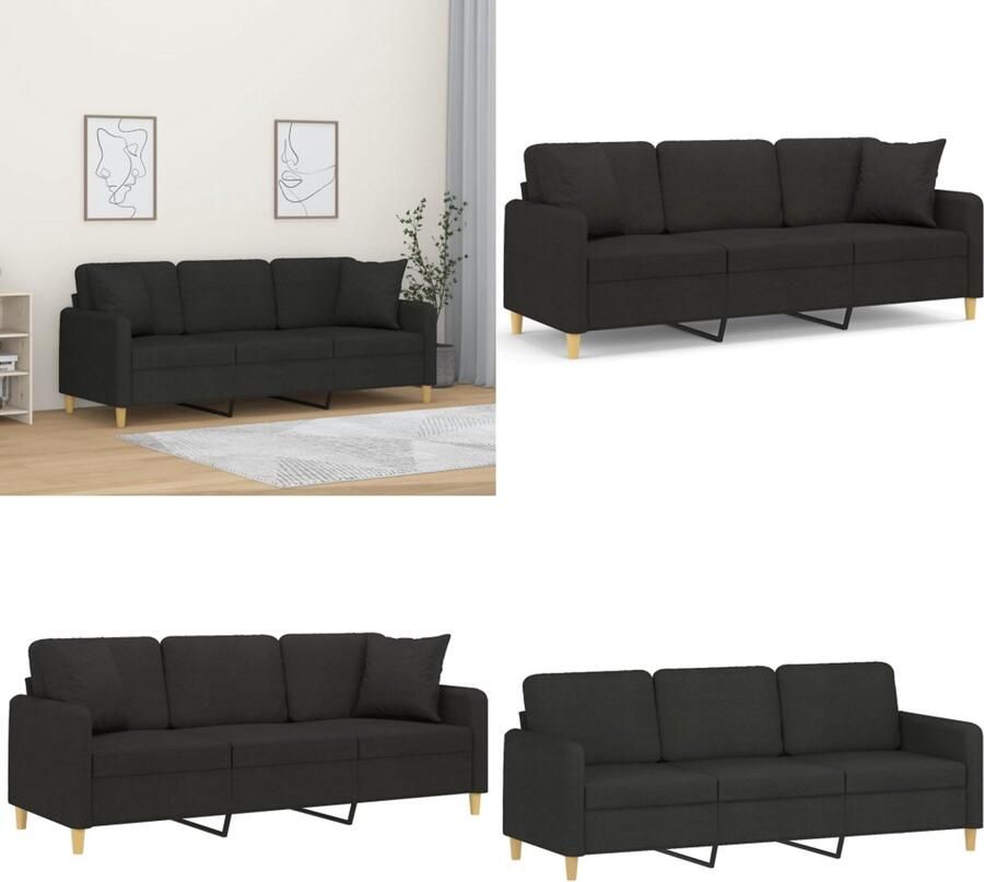 VidaXL Driezitsbank met sierkussens 180 cm stof zwart Driezitsbank Driezitsbanken Bank Sofa