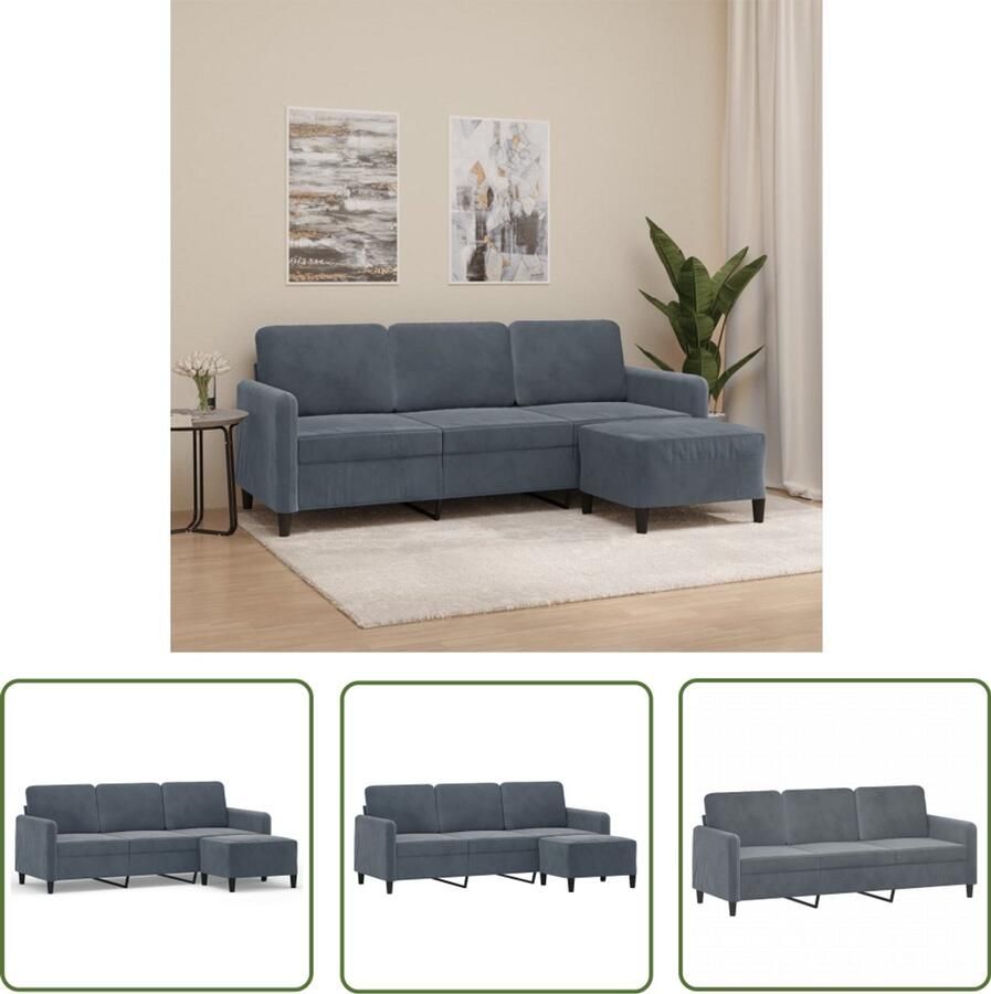 VidaXL Driezitsbank met voetenbank Fluweel Donkergrijs Drie Persoonsbank Fauteuils Lounge Meubels Donkere Kleuren Velvet Sofa