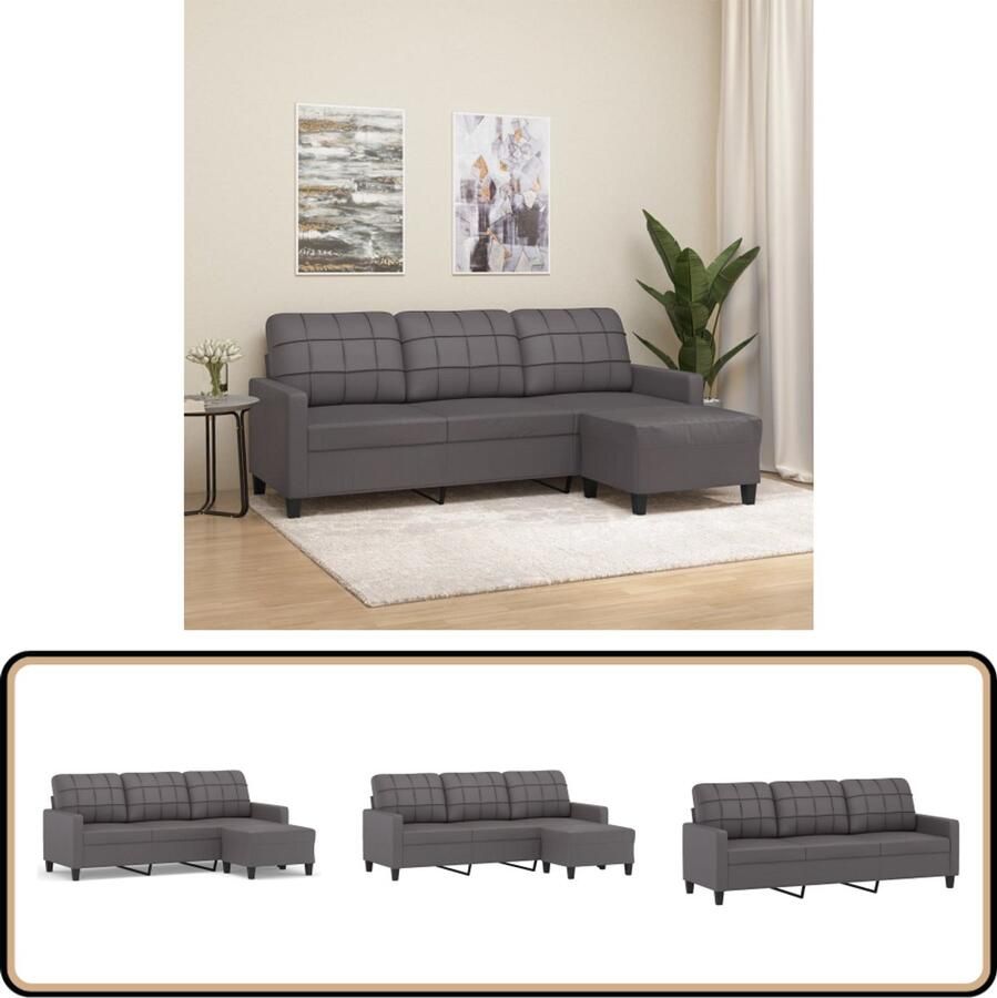 VidaXL Driezitsbank met voetenbank Grijs Kunstleer Drie Persoonsbank Hoekbank Salontafel Lounge Meubilair Lederlook Grijze Bank
