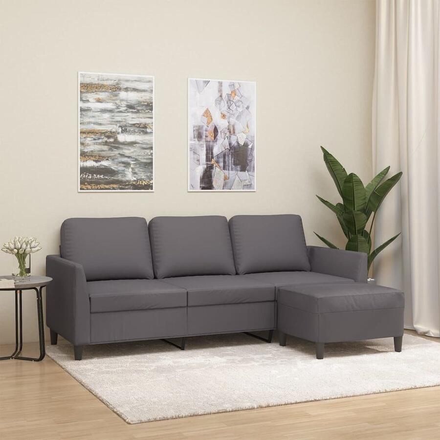 VidaXL Driezitsbank met voetenbank Kunstleer Grijs Drie Zitsbank Hoekbank Salontafel Lounge Set Lederlook Kunstleder Sofa Relaxfauteuil Eetkamerstoel - Foto 2