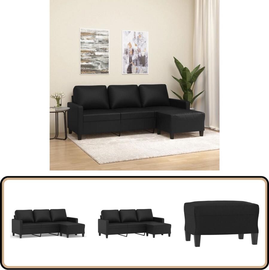 VidaXL Driezitsbank met voetenbank Kunstleer Zwart Drie Zitsbank Zwarte Sofa Salon Meubilair Lounge Set Comfort Zitmeubelen