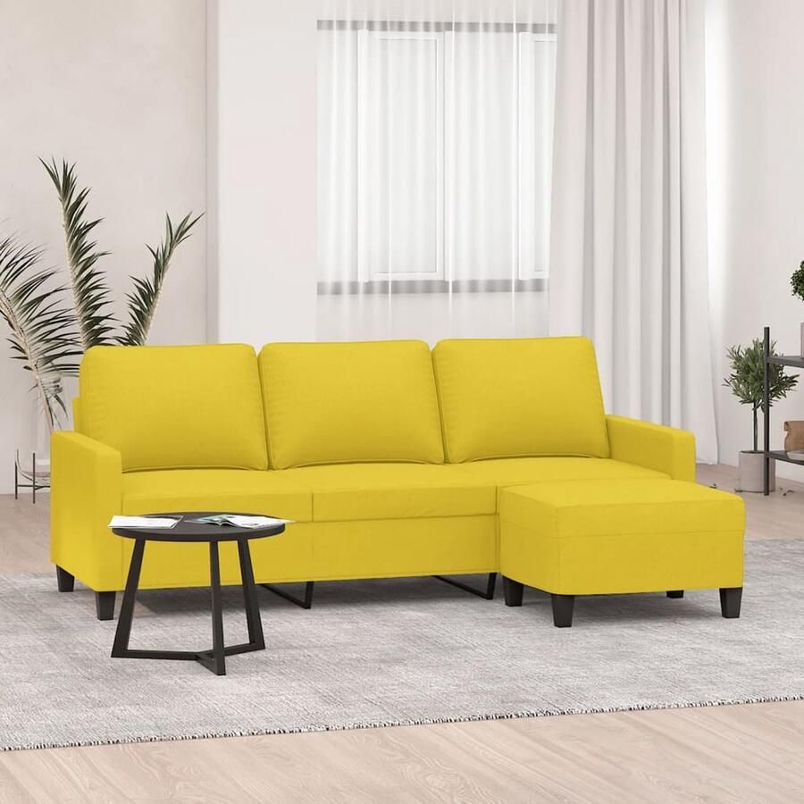 VidaXL Driezitsbank met voetenbank Lichtgeel Stof Drie Persoonsbank Hoekbank Salontafel Lounge Set Living Room Furniture Meubels - Foto 2