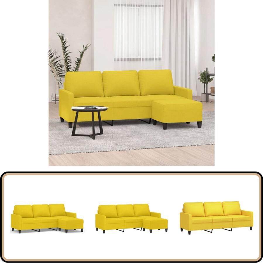 VidaXL Driezitsbank met voetenbank Lichtgeel Stof Drie Persoonsbank Hoekbank Salontafel Lounge Set Living Room Furniture Meubels