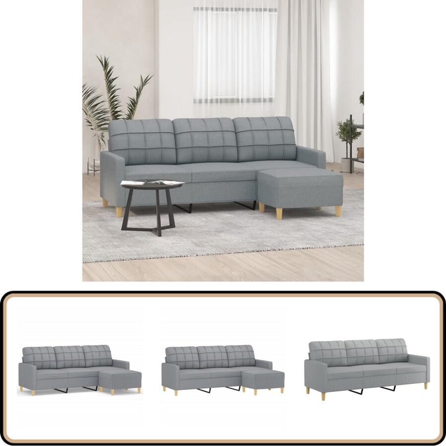 VidaXL Driezitsbank met voetenbank Lichtgrijs 180 cm 3 Zits Bank Hoekbank Salontafel Woonkamer Meubels Grijs Sofa