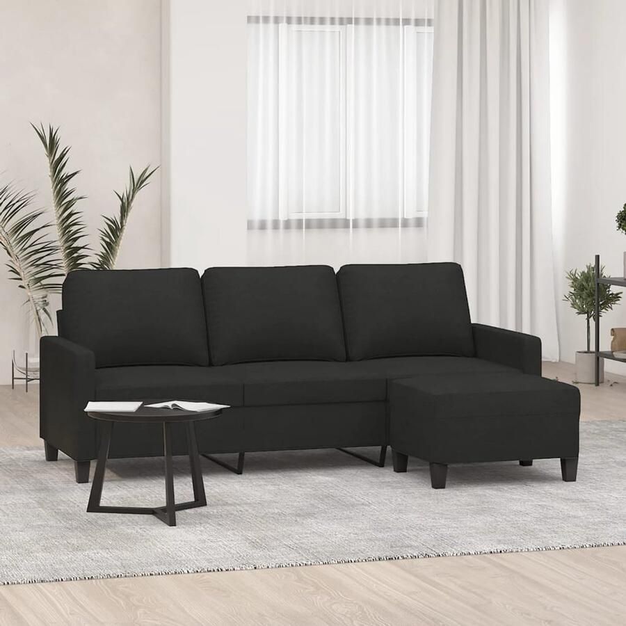 VidaXL Driezitsbank met voetenbank Stof Zwart 3 Zits Bank Zwarte Sofa Lounge Meubels Salontafel Woonkamer Decoratie