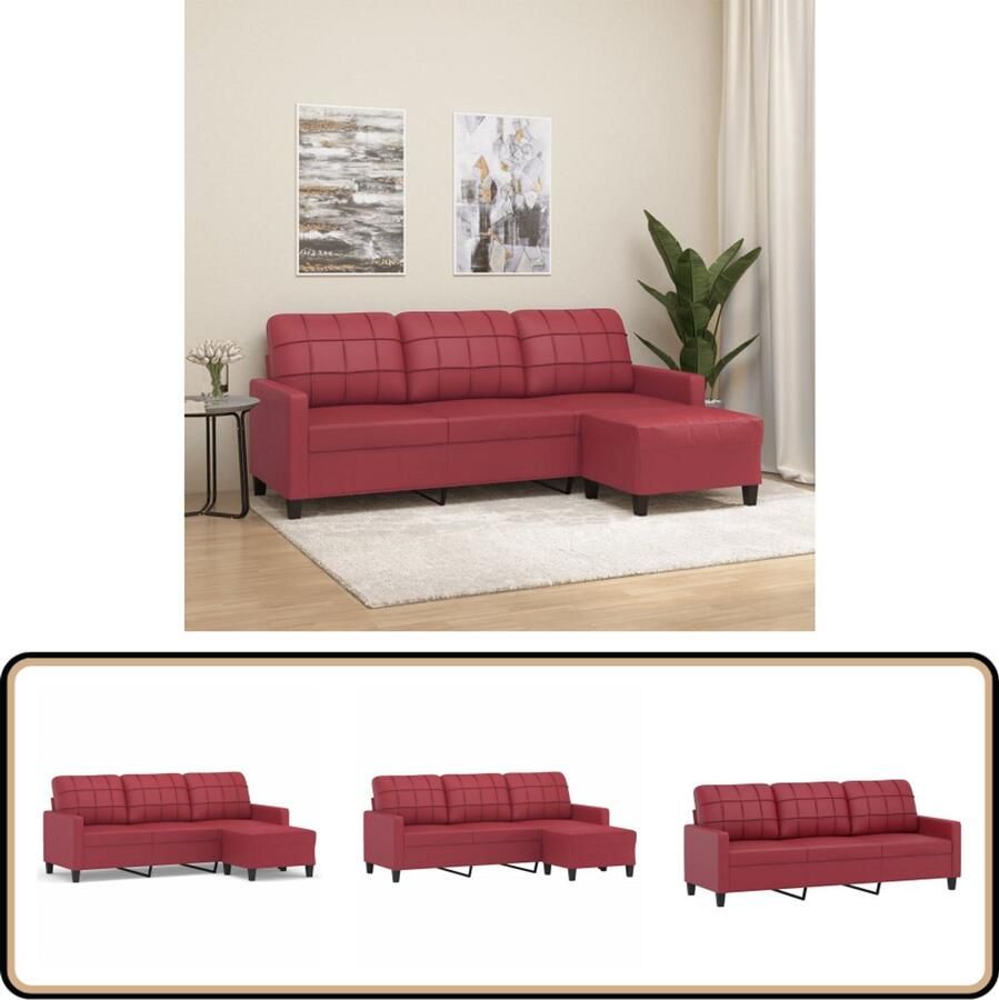 VidaXL Driezitsbank met voetenbank Wijnrood Kunstleer 3 Zits Bank Salontafel Lounge Meubilair Rood Interieur Lederlook